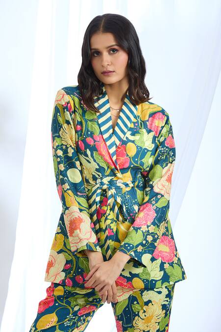 Buy_Gopi Vaid_Blue Satin Embroidery Floral Print Overlapping Blazer And Pant Set_Online_at_Aza_Fashions