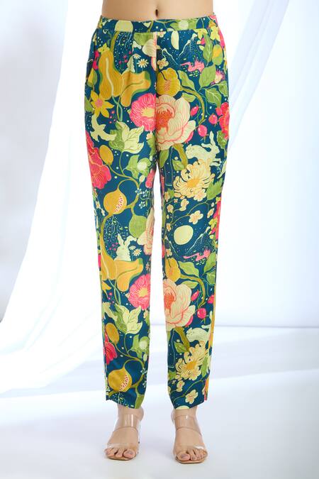 Shop_Gopi Vaid_Blue Satin Embroidery Floral Print Overlapping Blazer And Pant Set_Online_at_Aza_Fashions