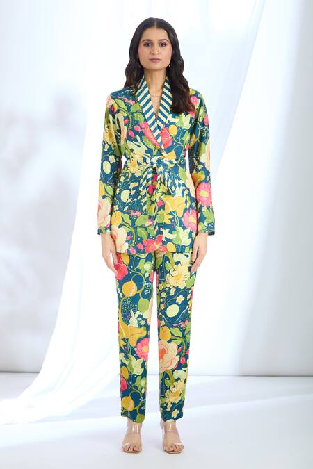 Gopi Vaid_Blue Satin Embroidery Floral Print Overlapping Blazer And Pant Set_at_Aza_Fashions