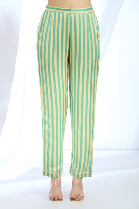 Gopi Vaid_Green Satin Printed Stripe Collar Floral Kurta And Pant Set _at_Aza_Fashions