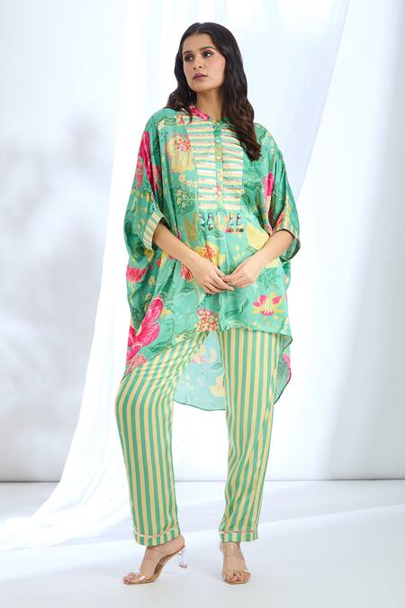 Gopi Vaid Green Satin, Chanderi Embroidery, Tassels Detailed Front Kaftan With Pant Online at Aza Fashions Gopi Vaid_Green Satin, Chanderi Embroidery, Tassels Detailed Front Kaftan With Pant_Online_at_Aza_Fashions