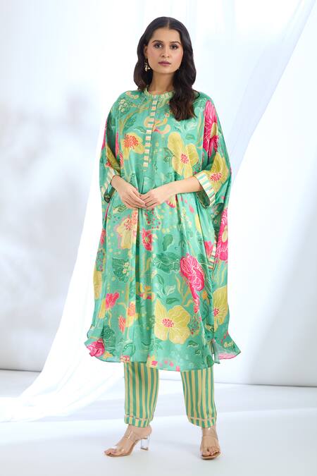 Buy Gopi Vaid Green Satin Gota Patti, Embroidery Round Detailed Sleeve Hem Kaftan With Pant Online at Aza Fashions Buy_Gopi Vaid_Green Satin Gota Patti, Embroidery Round Detailed Sleeve Hem Kaftan With Pant_Online_at_Aza_Fashions