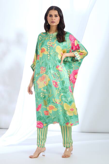 Shop Gopi Vaid Green Satin Gota Patti, Embroidery Round Detailed Sleeve Hem Kaftan With Pant Online at Aza Fashions Shop_Gopi Vaid_Green Satin Gota Patti, Embroidery Round Detailed Sleeve Hem Kaftan With Pant_Online_at_Aza_Fashions