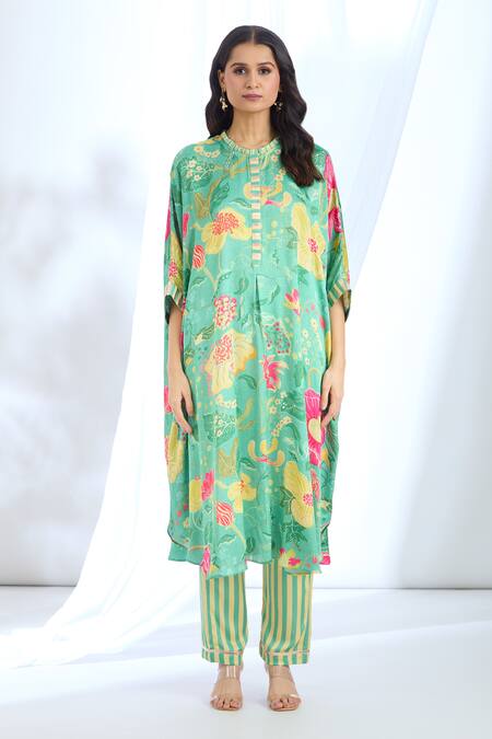 Buy Gopi Vaid Green Satin Gota Patti, Embroidery Round Detailed Sleeve Hem Kaftan With Pant Buy_Gopi Vaid_Green Satin Gota Patti, Embroidery Round Detailed Sleeve Hem Kaftan With Pant