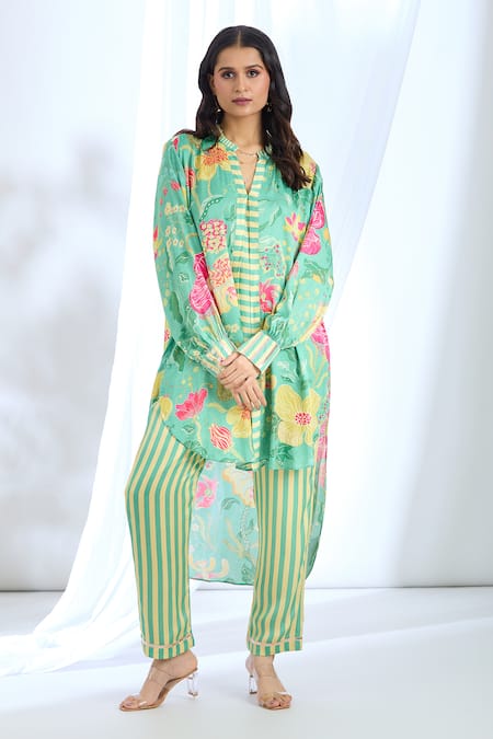 Gopi Vaid Green Satin Printed Stripe Collar Floral Asymmetric Tunic And Pant Set 