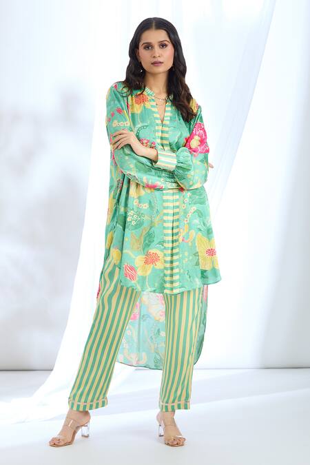 Buy_Gopi Vaid_Green Satin Collared Floral Asymmetric Tunic And Pant Set_Online_at_Aza_Fashions