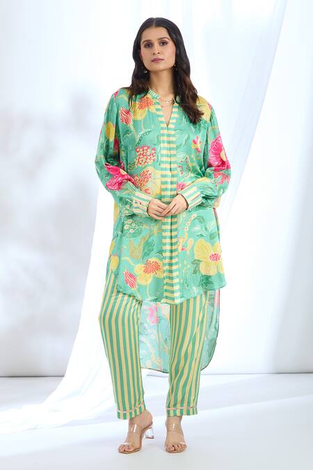 Shop_Gopi Vaid_Green Satin Collared Floral Asymmetric Tunic And Pant Set_Online_at_Aza_Fashions