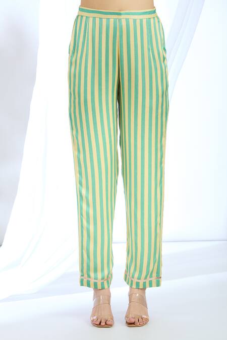 Buy_Gopi Vaid_Green Satin Collared Floral Asymmetric Tunic And Pant Set