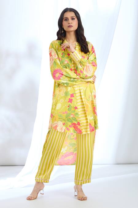 Gopi Vaid_Yellow Satin Collared Floral Asymmetric Tunic With Pant_Online_at_Aza_Fashions