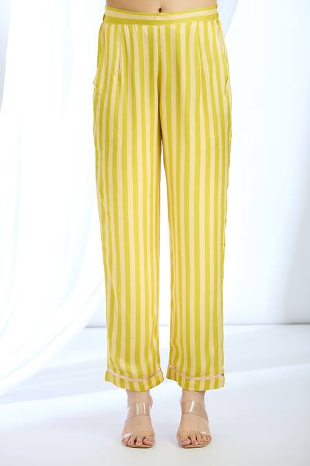 Gopi Vaid_Yellow Satin Collared Floral Asymmetric Tunic With Pant_at_Aza_Fashions