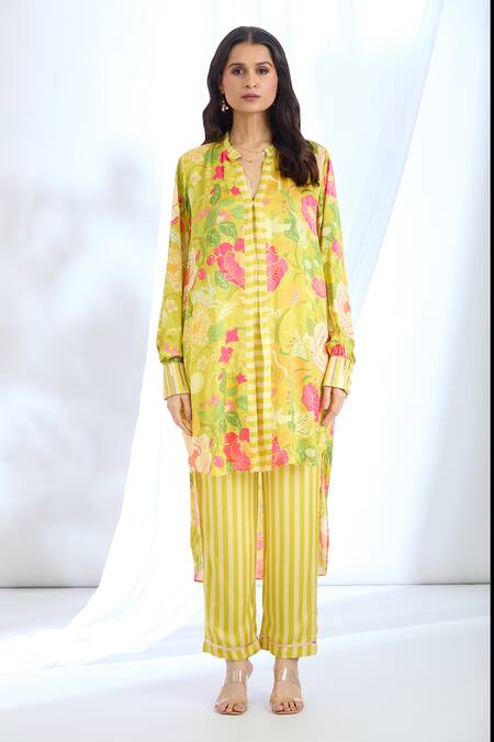 Buy_Gopi Vaid_Yellow Satin Collared Floral Asymmetric Tunic With Pant