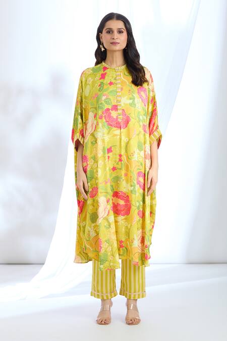 Gopi Vaid_Blue Satin Gota Patti Collared Detailed Sleeve Hem Kaftan And Pant Set_Online_at_Aza_Fashions