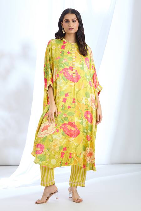 Buy_Gopi Vaid_Blue Satin Gota Patti Collared Detailed Sleeve Hem Kaftan And Pant Set_Online_at_Aza_Fashions