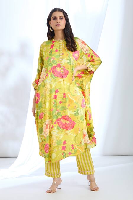 Shop_Gopi Vaid_Blue Satin Gota Patti Collared Detailed Sleeve Hem Kaftan And Pant Set_Online_at_Aza_Fashions