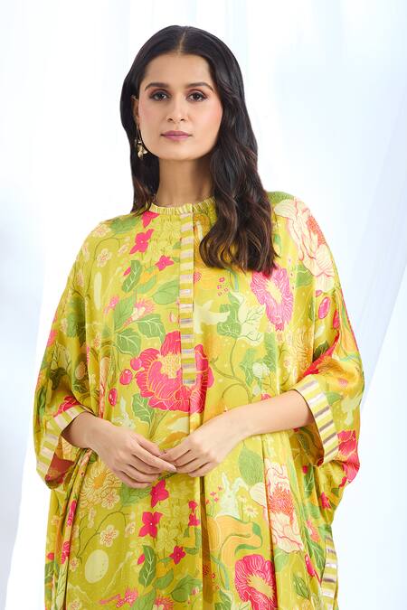 Gopi Vaid_Blue Satin Gota Patti Collared Detailed Sleeve Hem Kaftan And Pant Set_at_Aza_Fashions