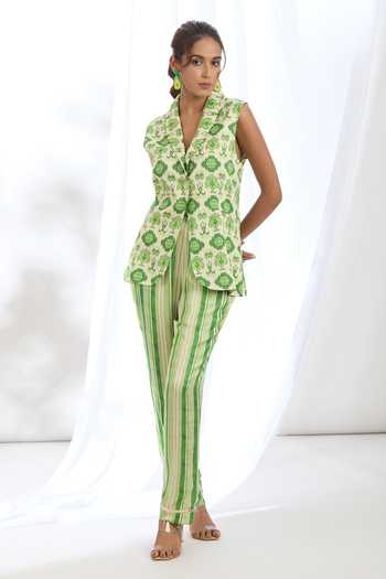 Gopi Vaid_Green Satin Collared Geometric Pattern Jacket With Pant_Online_at_Aza_Fashions