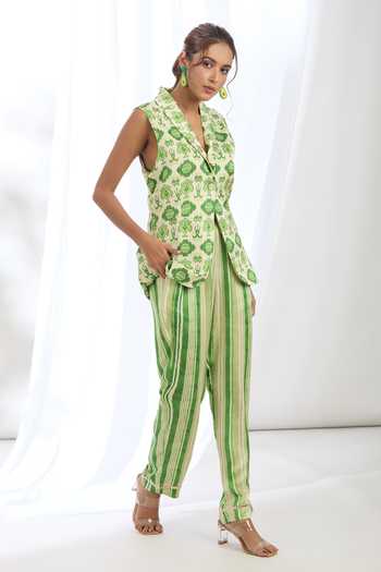 Buy_Gopi Vaid_Green Satin Collared Geometric Pattern Jacket With Pant_Online_at_Aza_Fashions