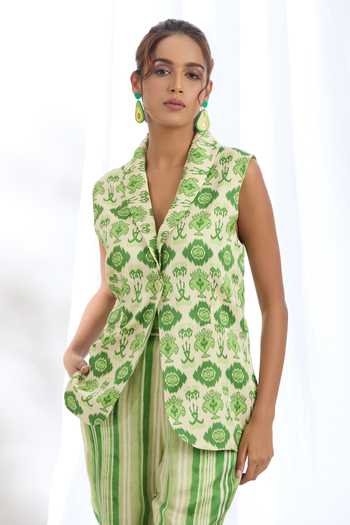Shop_Gopi Vaid_Green Satin Collared Geometric Pattern Jacket With Pant_Online_at_Aza_Fashions