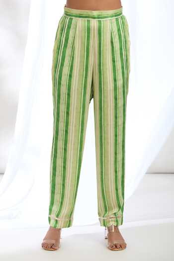 Gopi Vaid_Green Satin Collared Geometric Pattern Jacket With Pant_at_Aza_Fashions