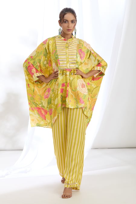 Gopi Vaid Chrysanthemum Print High-Low Kaftan With Pant 