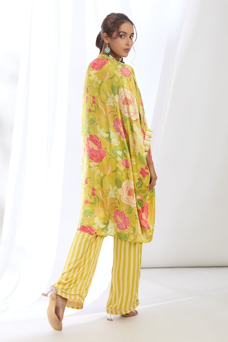 Shop Gopi Vaid Yellow Satin Lace, Tassels, Chrysanthemum Print High-low Kaftan With Pant at Aza Fashions Shop_Gopi Vaid_Yellow Satin Lace, Tassels, Chrysanthemum Print High-low Kaftan With Pant_at_Aza_Fashions