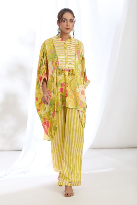 Gopi Vaid Yellow Satin Lace, Tassels, Chrysanthemum Print High-low Kaftan With Pant Online at Aza Fashions Gopi Vaid_Yellow Satin Lace, Tassels, Chrysanthemum Print High-low Kaftan With Pant_Online_at_Aza_Fashions