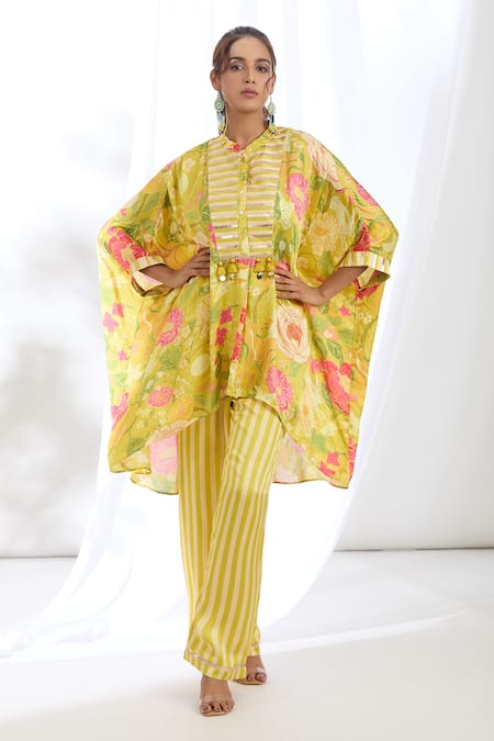Buy Gopi Vaid Yellow Satin Lace, Tassels, Chrysanthemum Print High-low Kaftan With Pant Online at Aza Fashions Buy_Gopi Vaid_Yellow Satin Lace, Tassels, Chrysanthemum Print High-low Kaftan With Pant_Online_at_Aza_Fashions