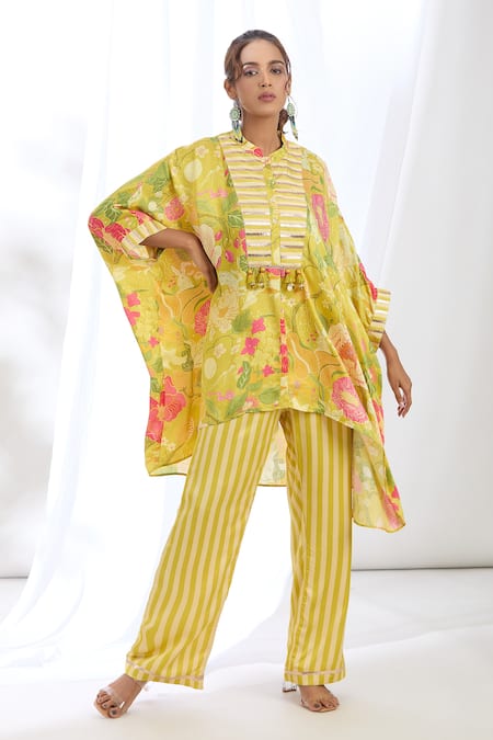 Shop Gopi Vaid Yellow Satin Lace, Tassels, Chrysanthemum Print High-low Kaftan With Pant Online at Aza Fashions Shop_Gopi Vaid_Yellow Satin Lace, Tassels, Chrysanthemum Print High-low Kaftan With Pant_Online_at_Aza_Fashions