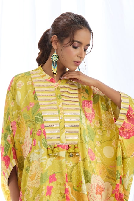 Gopi Vaid Yellow Satin Lace, Tassels, Chrysanthemum Print High-low Kaftan With Pant at Aza Fashions Gopi Vaid_Yellow Satin Lace, Tassels, Chrysanthemum Print High-low Kaftan With Pant_at_Aza_Fashions