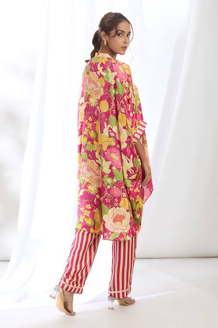 Shop Gopi Vaid Pink Satin Lace, Tassels Mandarin High-low Chrysanthemum Print Kaftan With Pant at Aza Fashions Shop_Gopi Vaid_Pink Satin Lace, Tassels Mandarin High-low Chrysanthemum Print Kaftan With Pant_at_Aza_Fashions