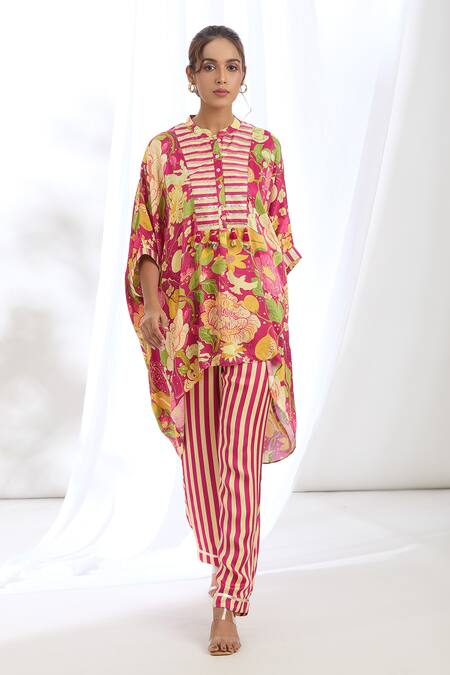 Gopi Vaid Pink Satin Lace, Tassels Mandarin High-low Chrysanthemum Print Kaftan With Pant Online at Aza Fashions Gopi Vaid_Pink Satin Lace, Tassels Mandarin High-low Chrysanthemum Print Kaftan With Pant_Online_at_Aza_Fashions