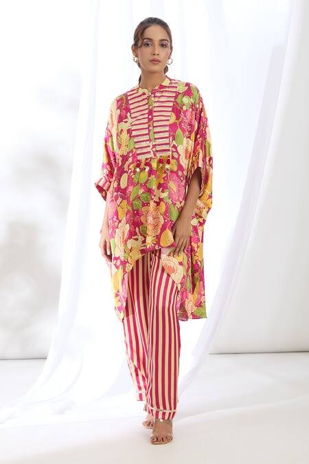 Buy Gopi Vaid Pink Satin Lace, Tassels Mandarin High-low Chrysanthemum Print Kaftan With Pant Online at Aza Fashions Buy_Gopi Vaid_Pink Satin Lace, Tassels Mandarin High-low Chrysanthemum Print Kaftan With Pant_Online_at_Aza_Fashions
