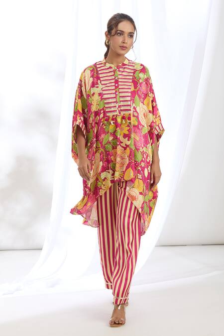 Shop Gopi Vaid Pink Satin Lace, Tassels Mandarin High-low Chrysanthemum Print Kaftan With Pant Online at Aza Fashions Shop_Gopi Vaid_Pink Satin Lace, Tassels Mandarin High-low Chrysanthemum Print Kaftan With Pant_Online_at_Aza_Fashions