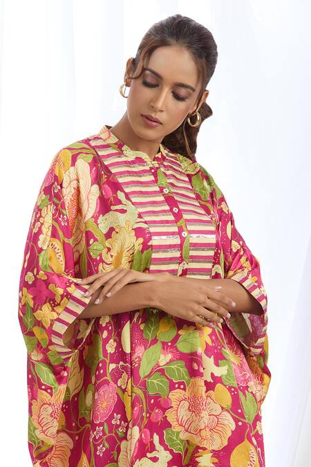 Gopi Vaid Pink Satin Lace, Tassels Mandarin High-low Chrysanthemum Print Kaftan With Pant at Aza Fashions Gopi Vaid_Pink Satin Lace, Tassels Mandarin High-low Chrysanthemum Print Kaftan With Pant_at_Aza_Fashions