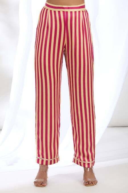 Buy Gopi Vaid Pink Satin Lace, Tassels Mandarin High-low Chrysanthemum Print Kaftan With Pant Buy_Gopi Vaid_Pink Satin Lace, Tassels Mandarin High-low Chrysanthemum Print Kaftan With Pant