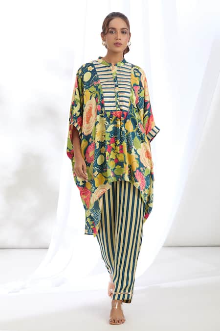 Buy_Gopi Vaid_Blue Satin Tassels, Lace Mandarin Collar High-low Bouquet Print Kaftan With Pant_Online_at_Aza_Fashions