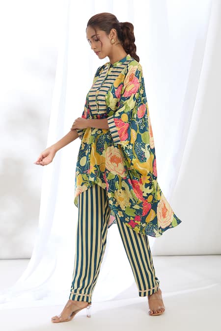 Shop_Gopi Vaid_Blue Satin Tassels, Lace Mandarin Collar High-low Bouquet Print Kaftan With Pant_Online_at_Aza_Fashions