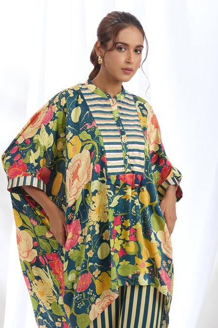 Gopi Vaid_Blue Satin Tassels, Lace Mandarin Collar High-low Bouquet Print Kaftan With Pant_at_Aza_Fashions