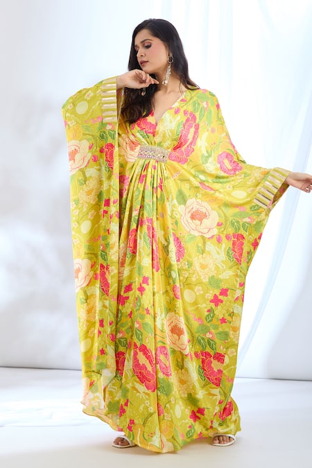 Gopi Vaid_Yellow Satin Lace, Mirrors V-neck Chrysanthemum Print Kaftan_Online_at_Aza_Fashions