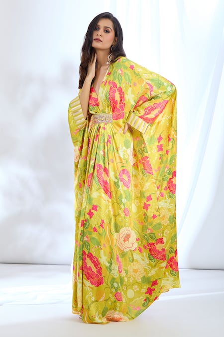 Buy_Gopi Vaid_Yellow Satin Lace, Mirrors V-neck Chrysanthemum Print Kaftan_Online_at_Aza_Fashions