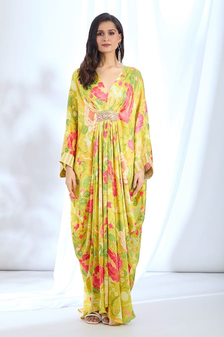 Gopi Vaid_Yellow Satin Lace, Mirrors V-neck Chrysanthemum Print Kaftan_at_Aza_Fashions