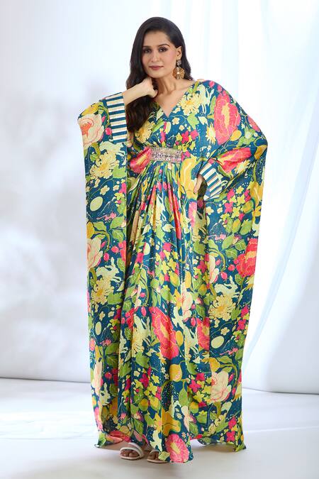 Gopi Vaid_Blue Satin Lace, Mirrors V-neck Chrysanthemum Print Embellished Kaftan_Online_at_Aza_Fashions