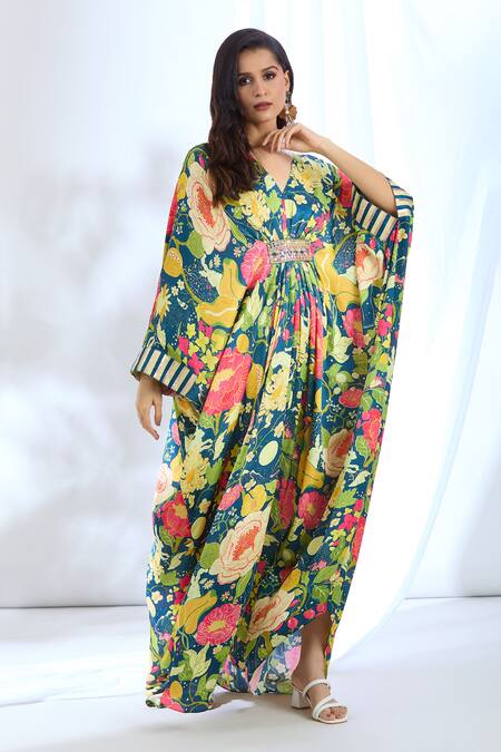 Buy_Gopi Vaid_Blue Satin Lace, Mirrors V-neck Chrysanthemum Print Embellished Kaftan_Online_at_Aza_Fashions