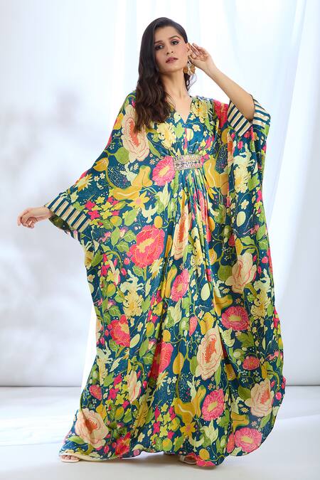 Shop_Gopi Vaid_Blue Satin Lace, Mirrors V-neck Chrysanthemum Print Embellished Kaftan_Online_at_Aza_Fashions