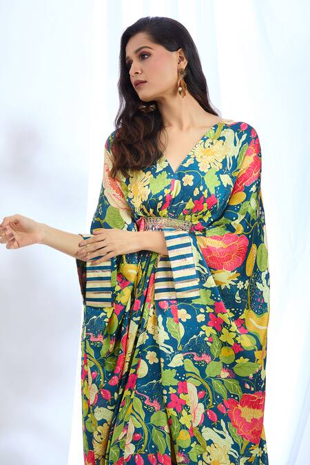 Gopi Vaid_Blue Satin Lace, Mirrors V-neck Chrysanthemum Print Embellished Kaftan_at_Aza_Fashions