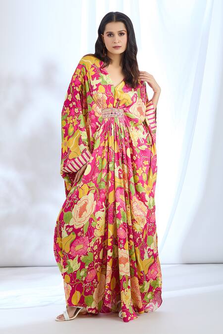 Gopi Vaid_Pink Satin Lace, Mirrors, Zari V-neck Chrysanthemum Pattern Kaftan_Online_at_Aza_Fashions