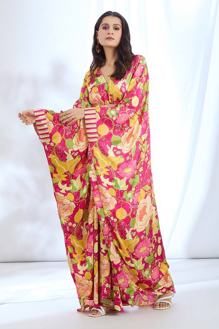 Buy_Gopi Vaid_Pink Satin Lace, Mirrors, Zari V-neck Chrysanthemum Pattern Kaftan_Online_at_Aza_Fashions
