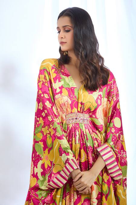 Shop_Gopi Vaid_Pink Satin Lace, Mirrors, Zari V-neck Chrysanthemum Pattern Kaftan_Online_at_Aza_Fashions