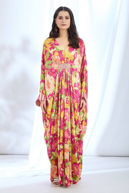 Gopi Vaid_Pink Satin Lace, Mirrors, Zari V-neck Chrysanthemum Pattern Kaftan_at_Aza_Fashions