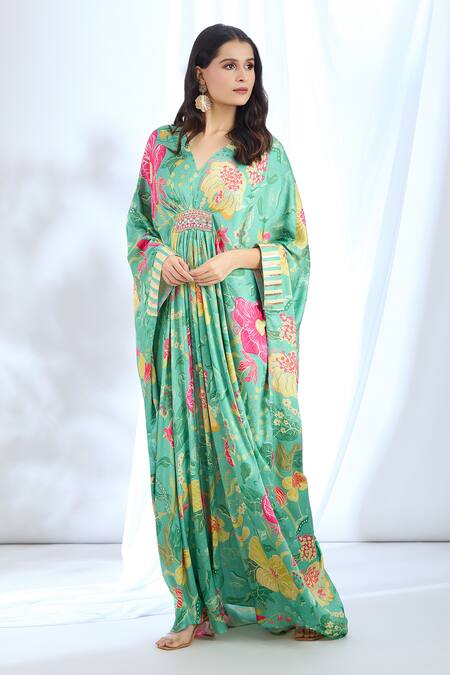Gopi Vaid_Green Satin Lace, Mirrors V-neck Floral Bouquet Pattern Kaftan_Online_at_Aza_Fashions